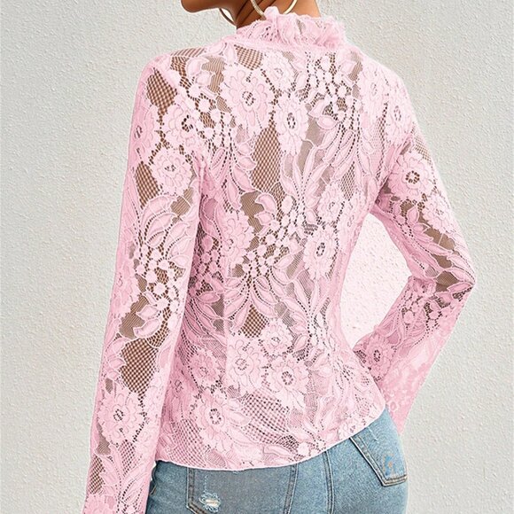 Pink Sexy Women's Lace Sheer Long Sleeve Tops Tie Front Ruffle Shirt Blouses - Picture 2 of 4